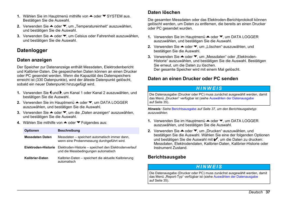 Datenlogger, Daten anzeigen, Daten löschen | Daten an einen drucker oder pc senden, Berichtsausgabe | Hach-Lange SENSION+ MM378 User Manual | Page 37 / 520