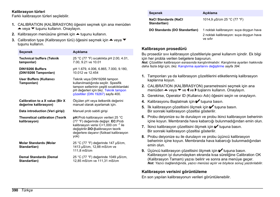 Kalibrasyon türleri, Kalibrasyon prosedürü, Kalibrasyon verisini görüntüleme | Hach-Lange SENSION+ MM378 User Manual | Page 390 / 520
