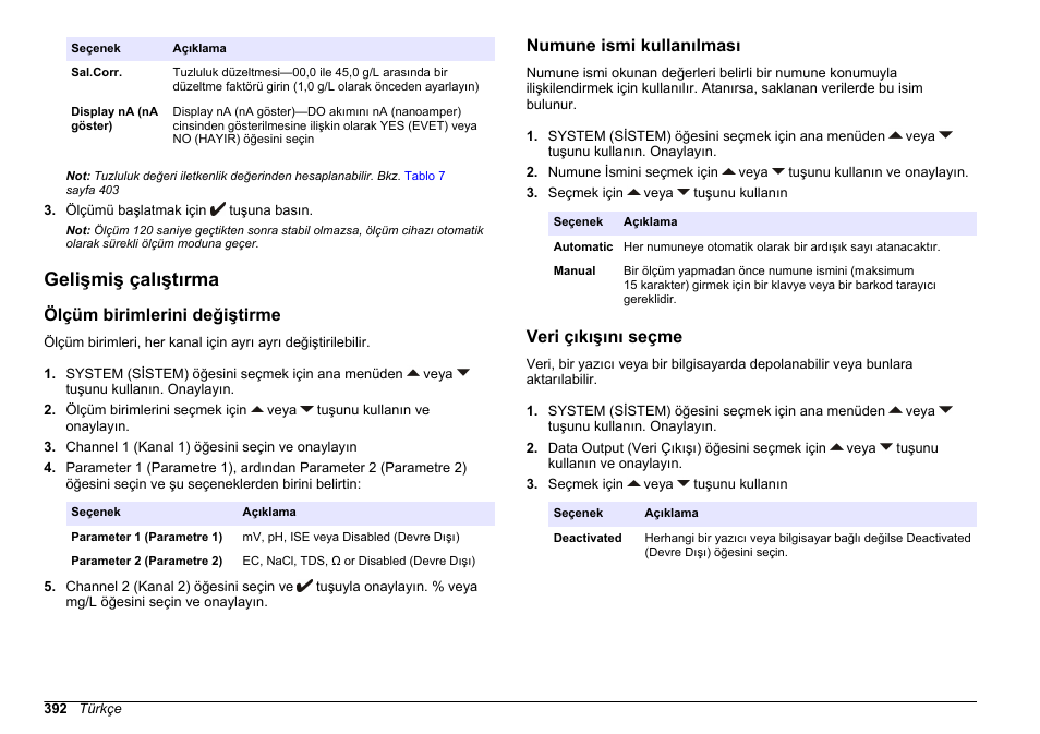 Gelişmiş çalıştırma, Ölçüm birimlerini değiştirme, Numune ismi kullanılması | Veri çıkışını seçme | Hach-Lange SENSION+ MM378 User Manual | Page 392 / 520