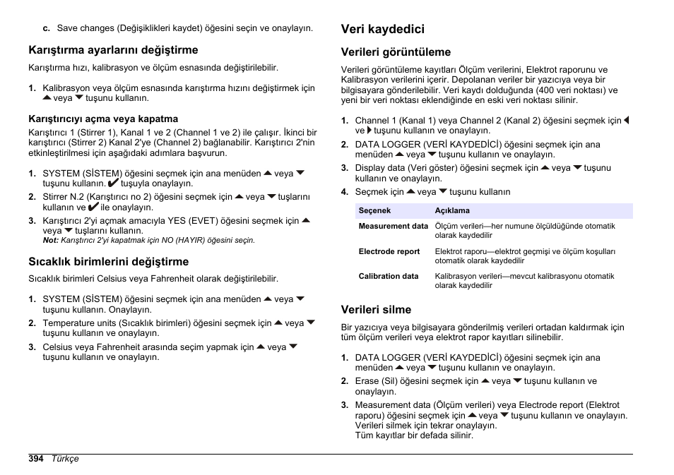 Karıştırma ayarlarını değiştirme, Karıştırıcıyı açma veya kapatma, Sıcaklık birimlerini değiştirme | Veri kaydedici, Verileri görüntüleme, Verileri silme | Hach-Lange SENSION+ MM378 User Manual | Page 394 / 520