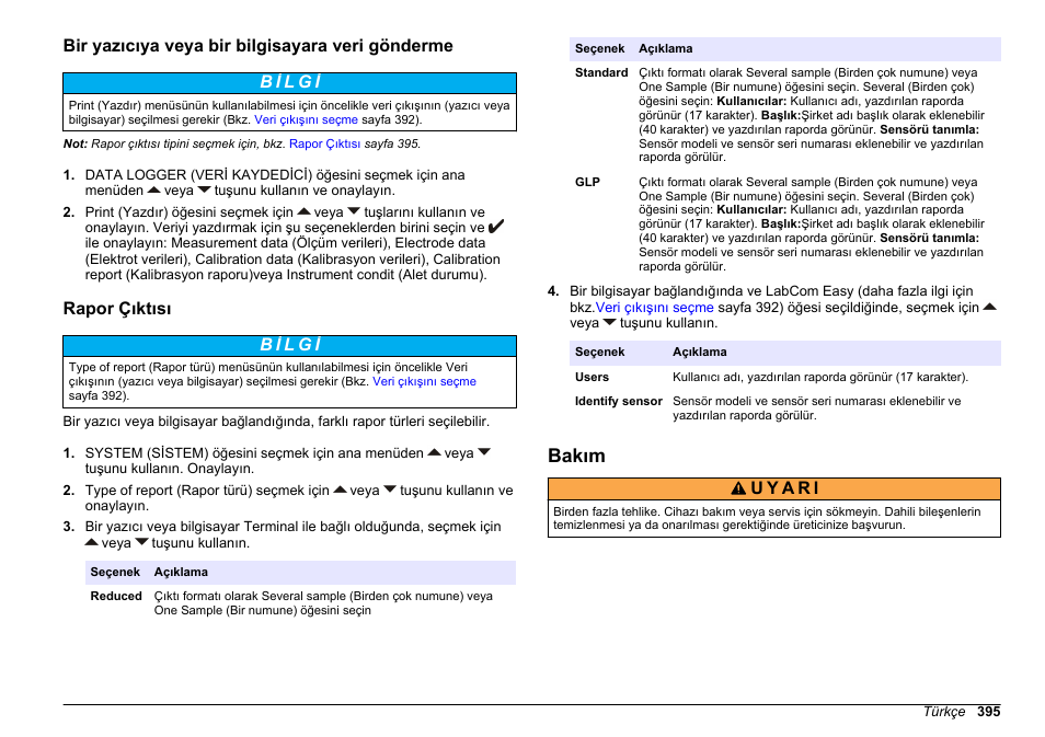 Bir yazıcıya veya bir bilgisayara veri gönderme, Rapor çıktısı, Bakım | Hach-Lange SENSION+ MM378 User Manual | Page 395 / 520