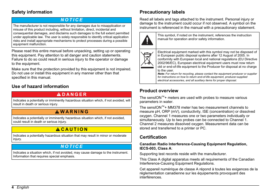 Safety information, Use of hazard information, Precautionary labels | Product overview, Certification | Hach-Lange SENSION+ MM378 User Manual | Page 4 / 520