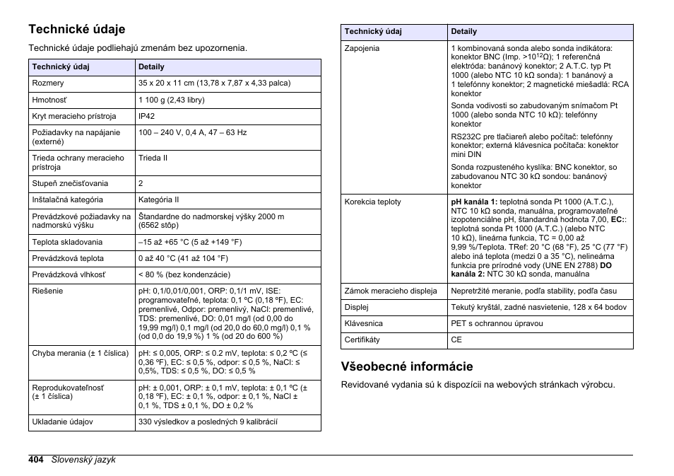 Návod na obsluhu, Technické údaje, Všeobecné informácie | Slovenský jazyk | Hach-Lange SENSION+ MM378 User Manual | Page 404 / 520