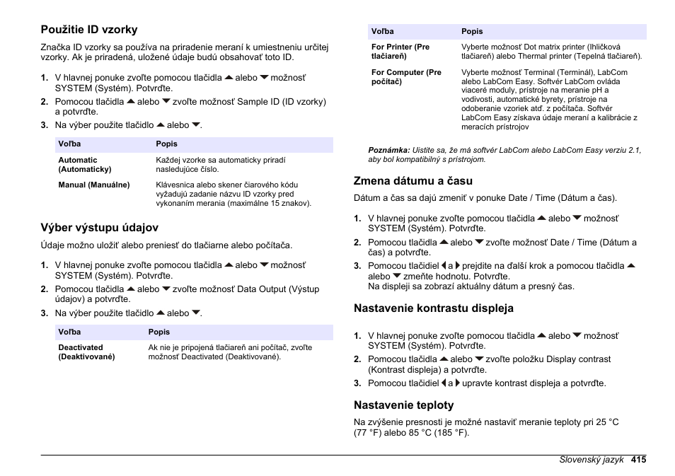 Použitie id vzorky, Výber výstupu údajov, Zmena dátumu a času | Nastavenie kontrastu displeja, Nastavenie teploty | Hach-Lange SENSION+ MM378 User Manual | Page 415 / 520
