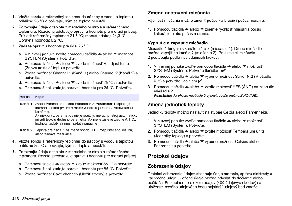 Zmena nastavení miešania, Vypnutie a zapnutie miešadla, Zmena jednotiek teploty | Protokol údajov, Zobrazenie údajov | Hach-Lange SENSION+ MM378 User Manual | Page 416 / 520