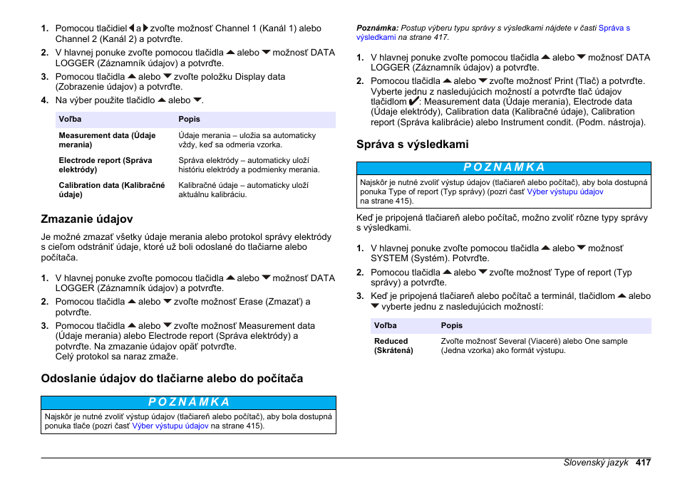 Zmazanie údajov, Odoslanie údajov do tlačiarne alebo do počítača, Správa s výsledkami | Hach-Lange SENSION+ MM378 User Manual | Page 417 / 520