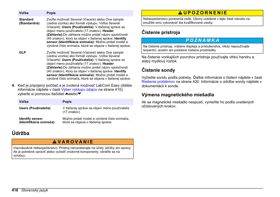 Údržba, Čistenie prístroja, Čistenie sondy | Výmena magnetického miešadla | Hach-Lange SENSION+ MM378 User Manual | Page 418 / 520
