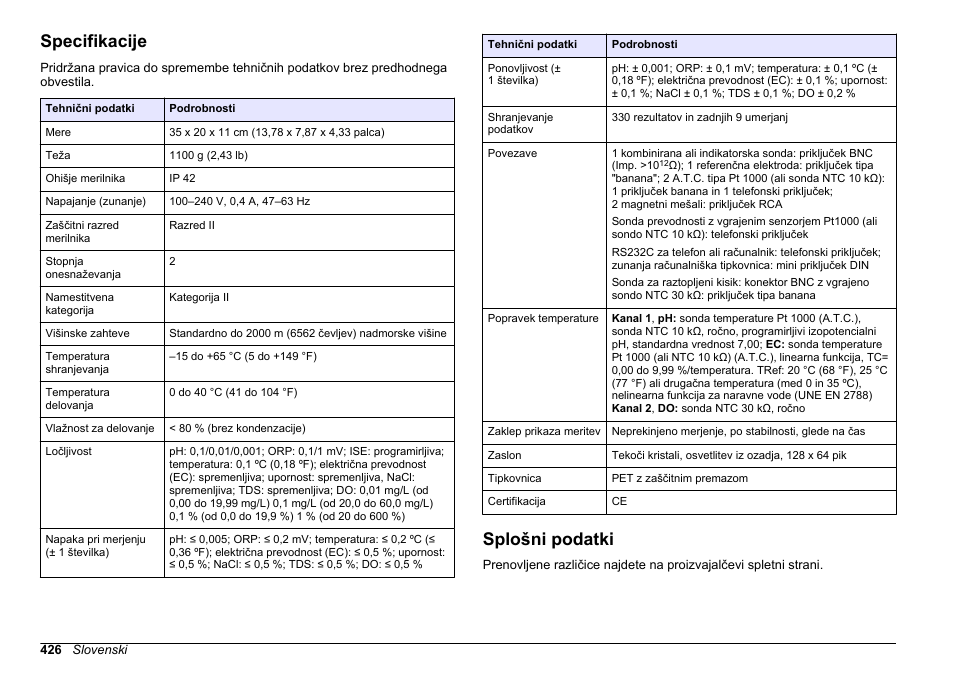 Navodila za uporabo, Specifikacije, Splošni podatki | Slovenski | Hach-Lange SENSION+ MM378 User Manual | Page 426 / 520