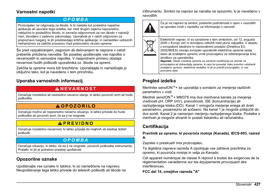 Varnostni napotki, Uporaba varnostnih informacij, Opozorilne oznake | Pregled izdelka, Certifikacija | Hach-Lange SENSION+ MM378 User Manual | Page 427 / 520