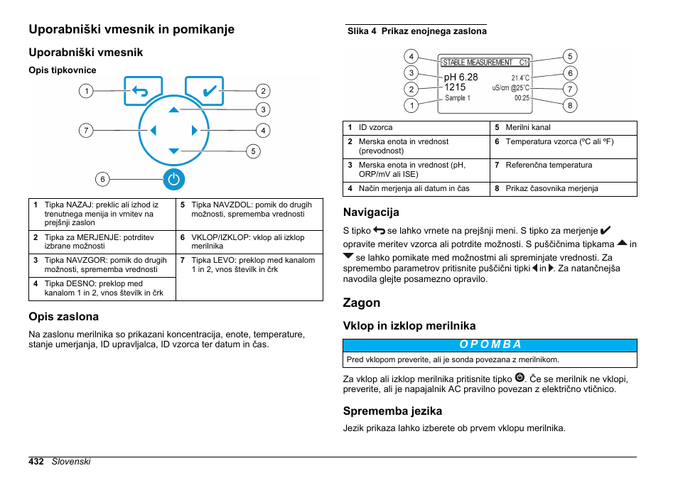 Uporabniški vmesnik in pomikanje, Uporabniški vmesnik, Opis zaslona | Navigacija, Zagon, Vklop in izklop merilnika, Sprememba jezika | Hach-Lange SENSION+ MM378 User Manual | Page 432 / 520