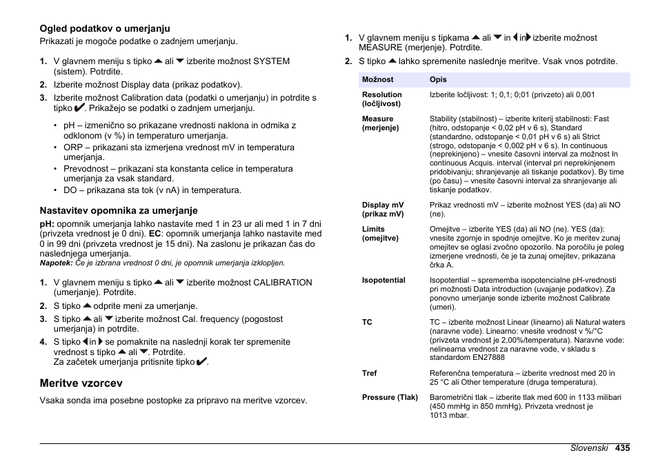 Ogled podatkov o umerjanju, Nastavitev opomnika za umerjanje, Meritve vzorcev | Hach-Lange SENSION+ MM378 User Manual | Page 435 / 520