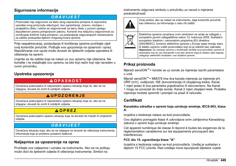 Sigurnosne informacije, Upotreba upozorenja, Naljepnice za upozorenje na oprez | Prikaz proizvoda, Certifikati | Hach-Lange SENSION+ MM378 User Manual | Page 449 / 520