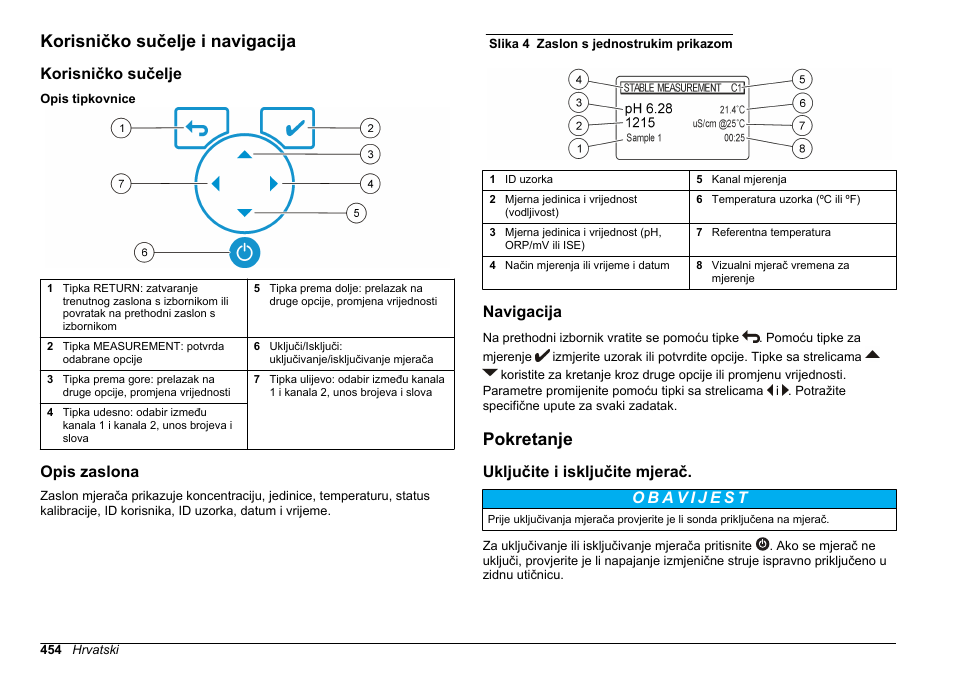 Korisničko sučelje i navigacija, Korisničko sučelje, Opis zaslona | Navigacija, Pokretanje, Uključite i isključite mjerač | Hach-Lange SENSION+ MM378 User Manual | Page 454 / 520