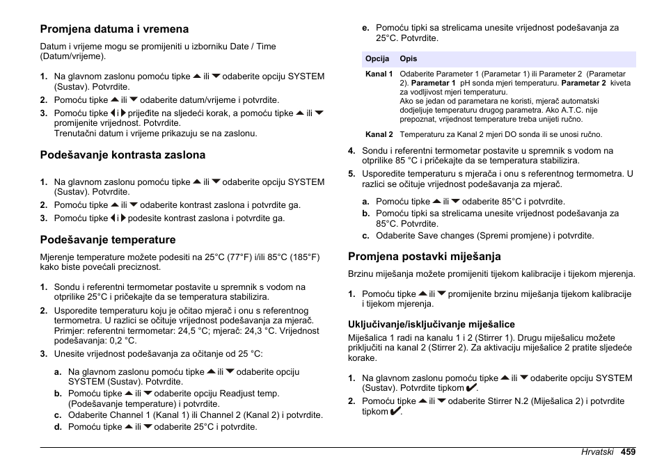 Promjena datuma i vremena, Podešavanje kontrasta zaslona, Podešavanje temperature | Promjena postavki miješanja, Uključivanje/‍isključivanje miješalice | Hach-Lange SENSION+ MM378 User Manual | Page 459 / 520