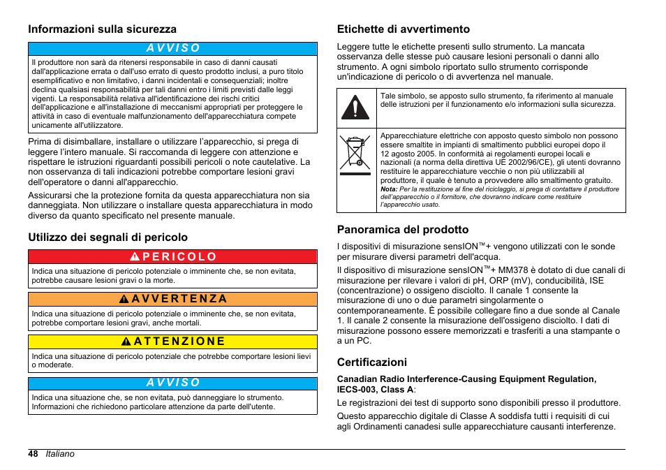 Informazioni sulla sicurezza, Utilizzo dei segnali di pericolo, Etichette di avvertimento | Panoramica del prodotto, Certificazioni | Hach-Lange SENSION+ MM378 User Manual | Page 48 / 520