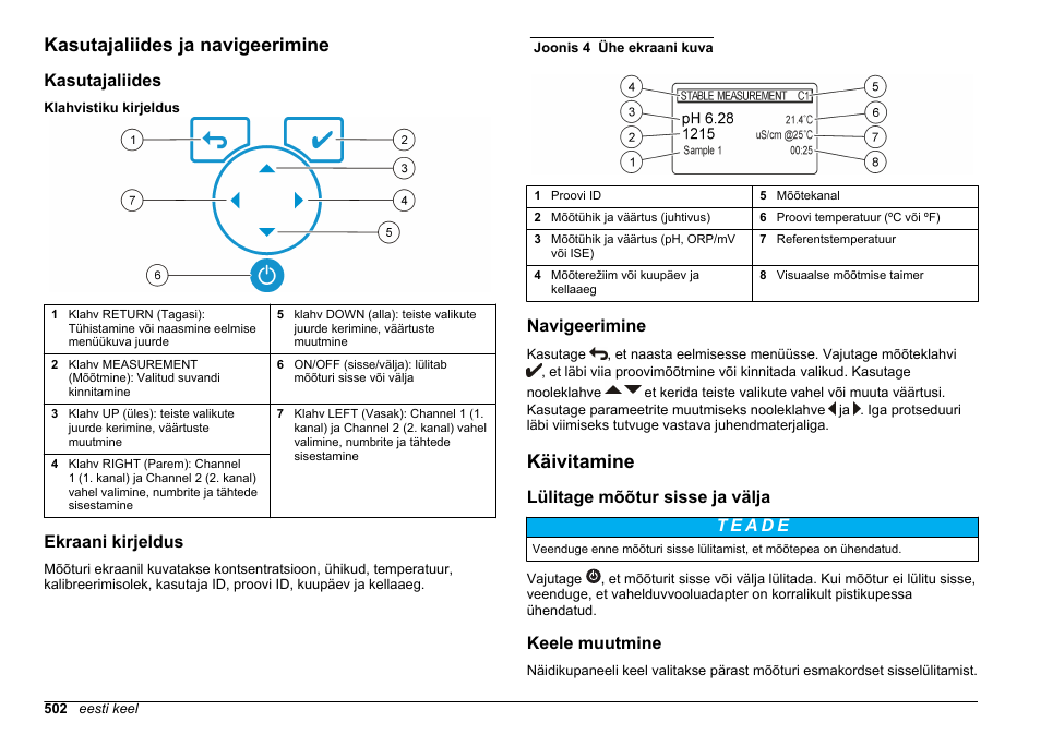 Kasutajaliides ja navigeerimine, Kasutajaliides, Ekraani kirjeldus | Navigeerimine, Käivitamine, Lülitage mõõtur sisse ja välja, Keele muutmine | Hach-Lange SENSION+ MM378 User Manual | Page 502 / 520