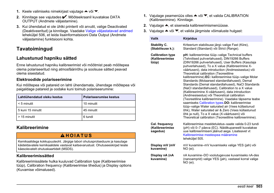 Tavatoimingud, Lahustunud hapniku sätted, Elektroodide polariseerimine | Kalibreerimine, Kalibreerimissätted | Hach-Lange SENSION+ MM378 User Manual | Page 503 / 520