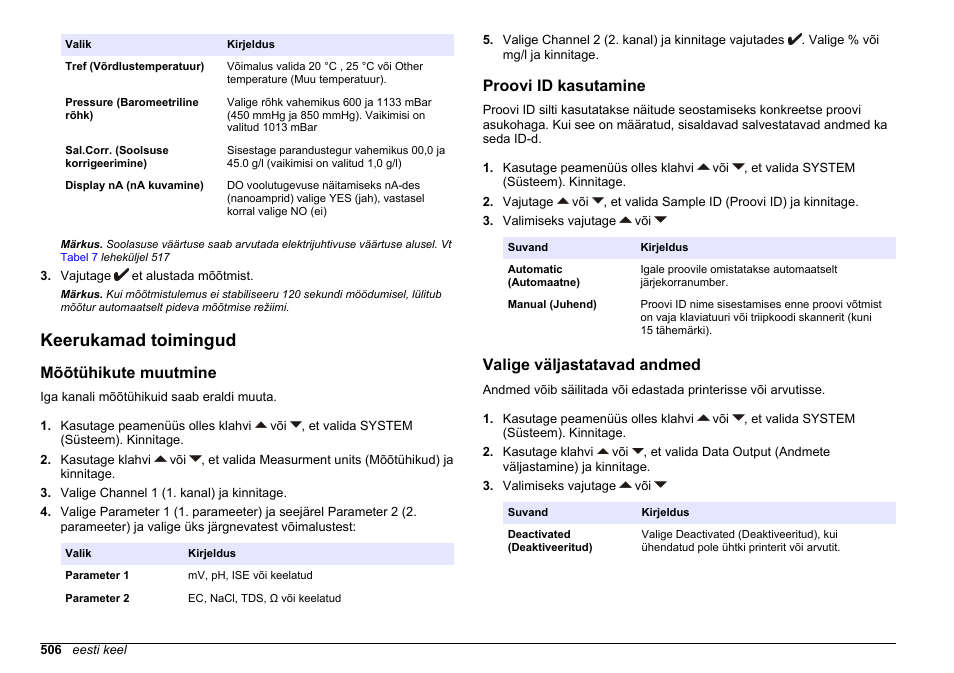 Keerukamad toimingud, Mõõtühikute muutmine, Proovi id kasutamine | Valige väljastatavad andmed | Hach-Lange SENSION+ MM378 User Manual | Page 506 / 520