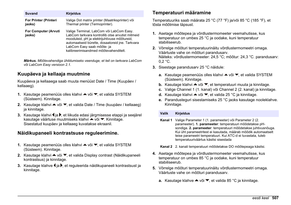 Kuupäeva ja kellaaja muutmine, Näidikupaneeli kontrastsuse reguleerimine, Temperatuuri määramine | Hach-Lange SENSION+ MM378 User Manual | Page 507 / 520