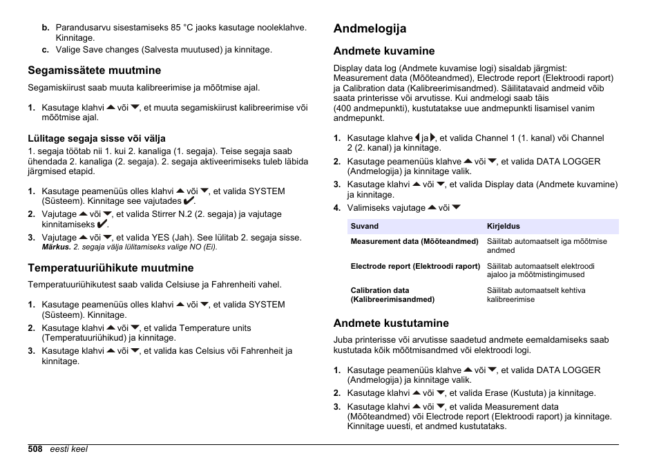 Segamissätete muutmine, Lülitage segaja sisse või välja, Temperatuuriühikute muutmine | Andmelogija, Andmete kuvamine, Andmete kustutamine | Hach-Lange SENSION+ MM378 User Manual | Page 508 / 520
