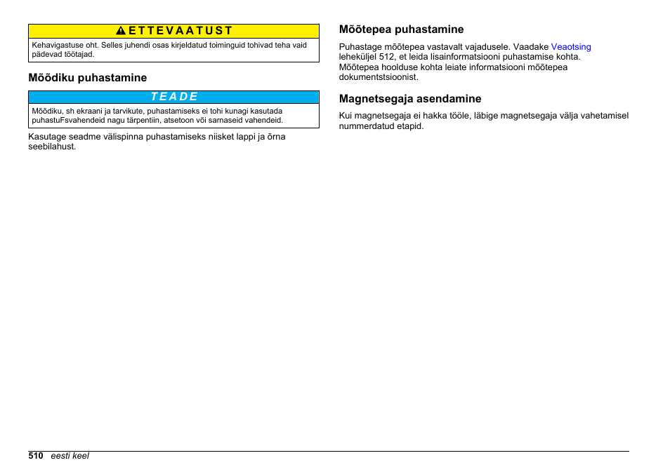 Mõõdiku puhastamine, Mõõtepea puhastamine, Magnetsegaja asendamine | Hach-Lange SENSION+ MM378 User Manual | Page 510 / 520