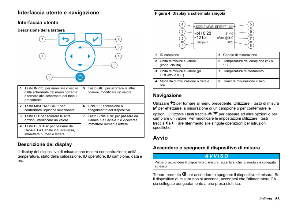 Interfaccia utente e navigazione, Interfaccia utente, Descrizione del display | Navigazione, Avvio, Accendere e spegnere il dispositivo di misura | Hach-Lange SENSION+ MM378 User Manual | Page 53 / 520