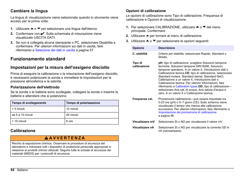 Cambiare la lingua, Funzionamento standard, Impostazioni per la misura dell'ossigeno disciolto | Polarizzazione dell'elettrodo, Calibrazione, Opzioni di calibrazione | Hach-Lange SENSION+ MM378 User Manual | Page 54 / 520