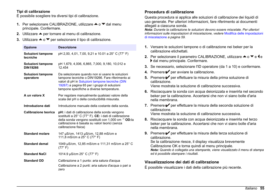 Tipi di calibrazione, Procedura di calibrazione, Visualizzazione dei dati di calibrazione | Hach-Lange SENSION+ MM378 User Manual | Page 55 / 520