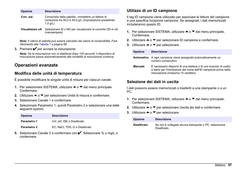 Operazioni avanzate, Modifica delle unità di temperatura, Utilizzo di un id campione | Selezione dei dati in uscita | Hach-Lange SENSION+ MM378 User Manual | Page 57 / 520