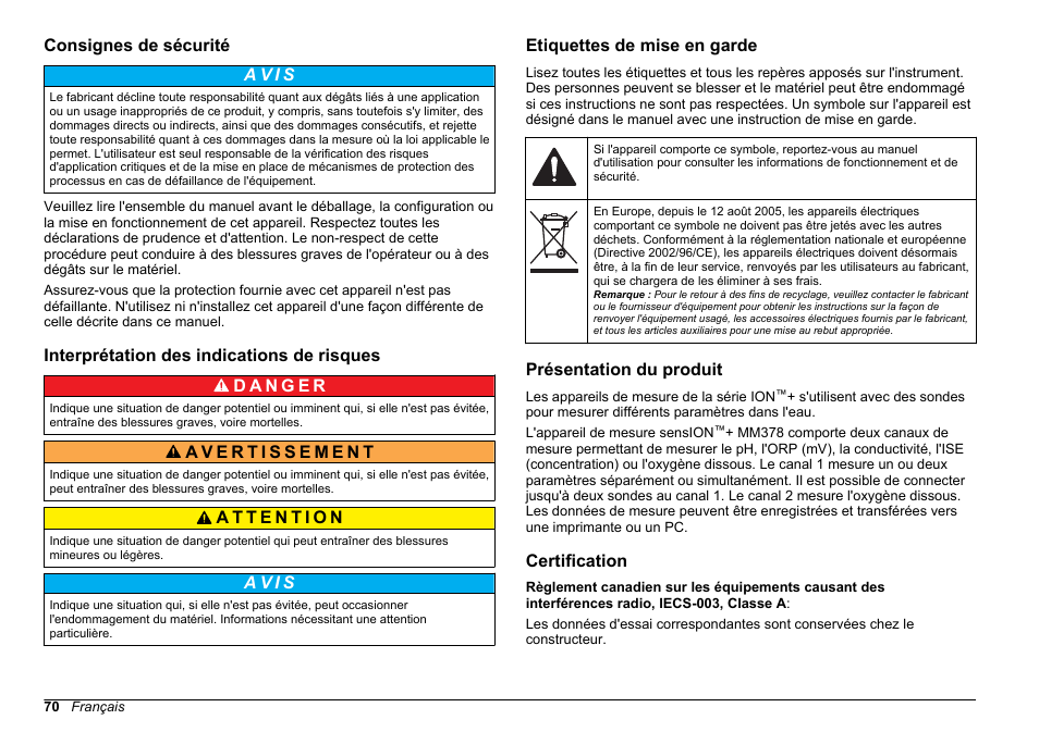 Consignes de sécurité, Interprétation des indications de risques, Etiquettes de mise en garde | Présentation du produit, Certification | Hach-Lange SENSION+ MM378 User Manual | Page 70 / 520
