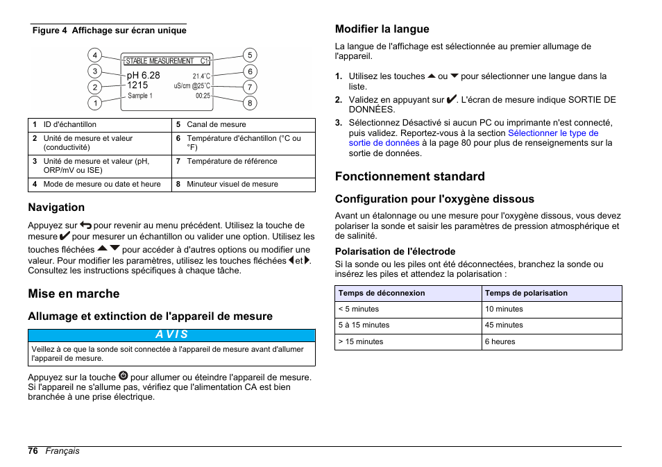 Navigation, Mise en marche, Allumage et extinction de l'appareil de mesure | Modifier la langue, Fonctionnement standard, Configuration pour l'oxygène dissous, Polarisation de l'électrode | Hach-Lange SENSION+ MM378 User Manual | Page 76 / 520