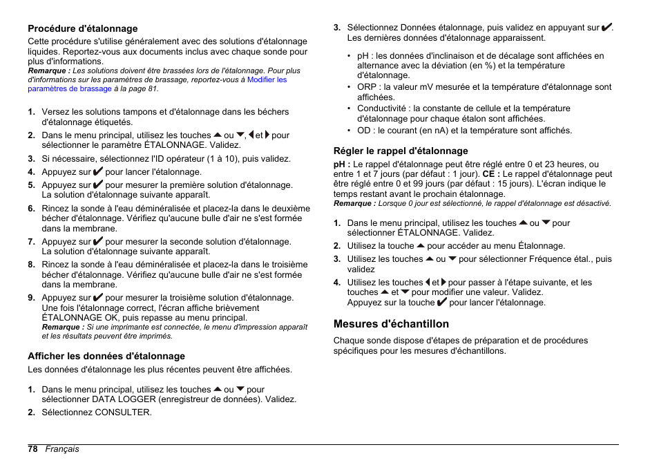 Procédure d'étalonnage, Afficher les données d'étalonnage, Régler le rappel d'étalonnage | Mesures d'échantillon, Régler le, Rappel d'étalonnage | Hach-Lange SENSION+ MM378 User Manual | Page 78 / 520