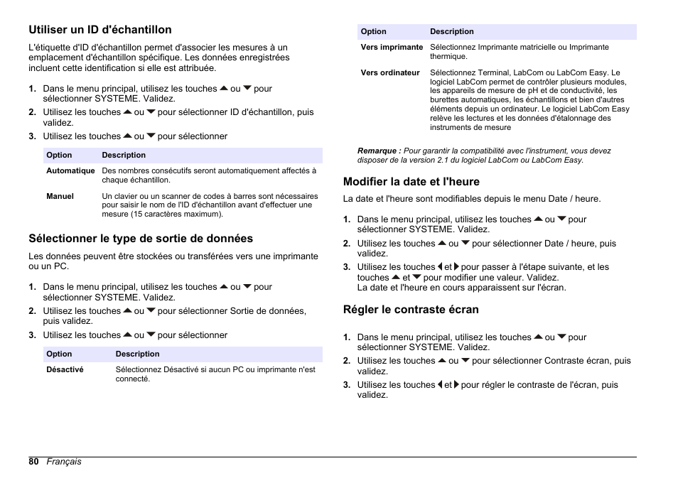 Utiliser un id d'échantillon, Sélectionner le type de sortie de données, Modifier la date et l'heure | Régler le contraste écran | Hach-Lange SENSION+ MM378 User Manual | Page 80 / 520
