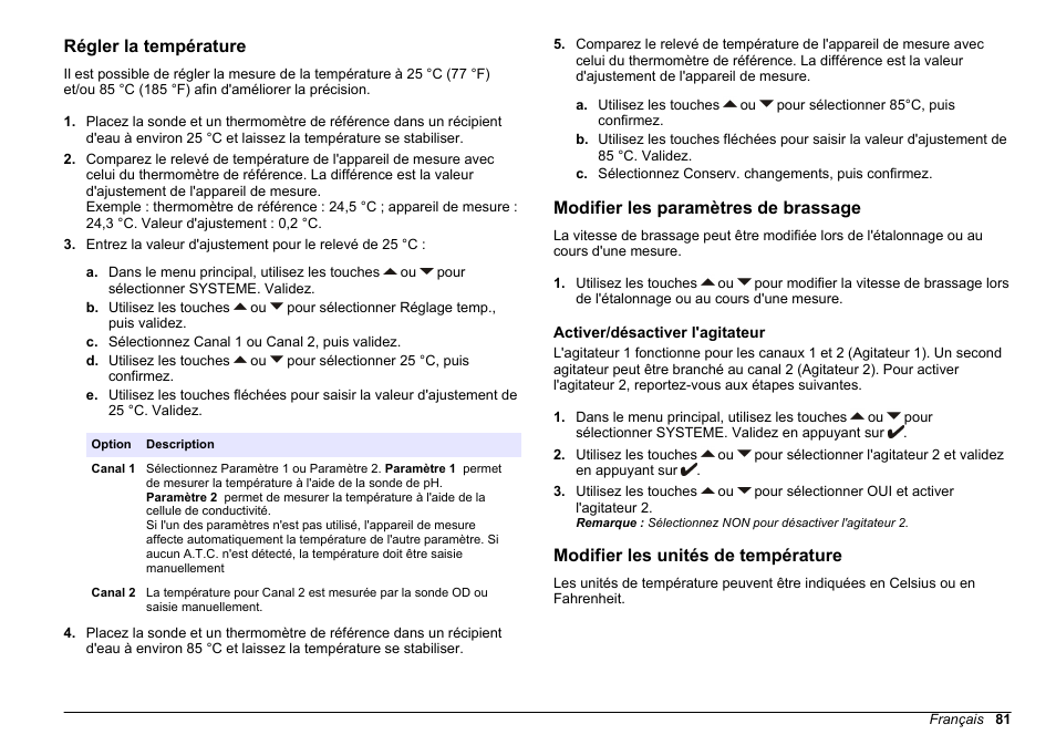 Régler la température, Modifier les paramètres de brassage, Activer/‍désactiver l'agitateur | Modifier les unités de température | Hach-Lange SENSION+ MM378 User Manual | Page 81 / 520