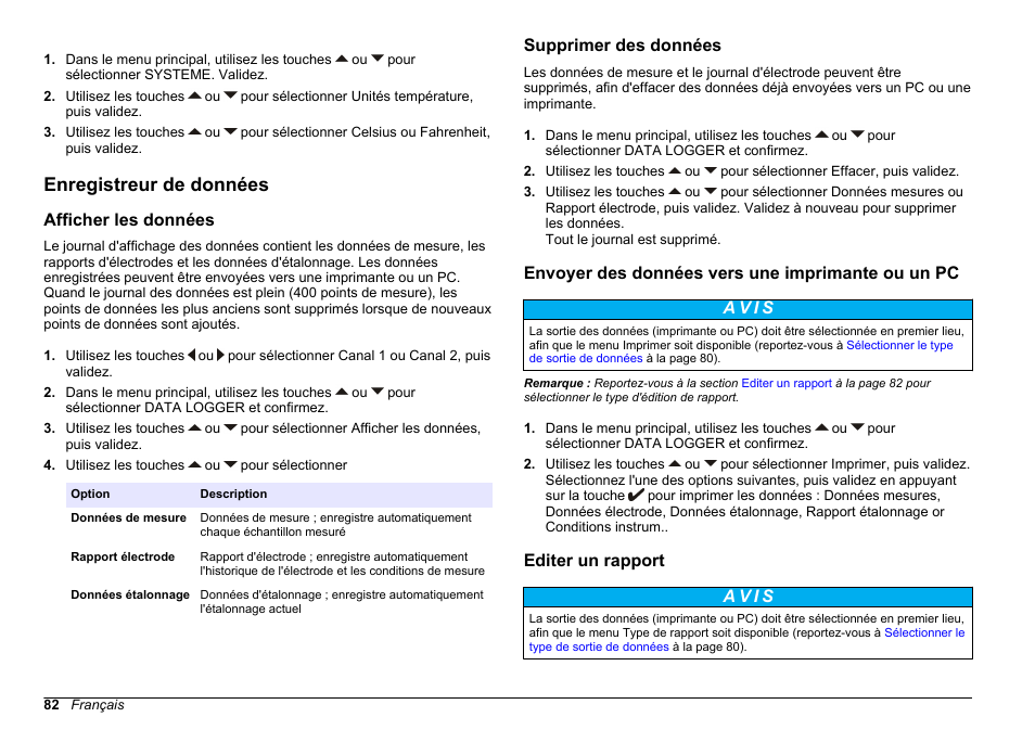 Enregistreur de données, Afficher les données, Supprimer des données | Envoyer des données vers une imprimante ou un pc, Editer un rapport | Hach-Lange SENSION+ MM378 User Manual | Page 82 / 520