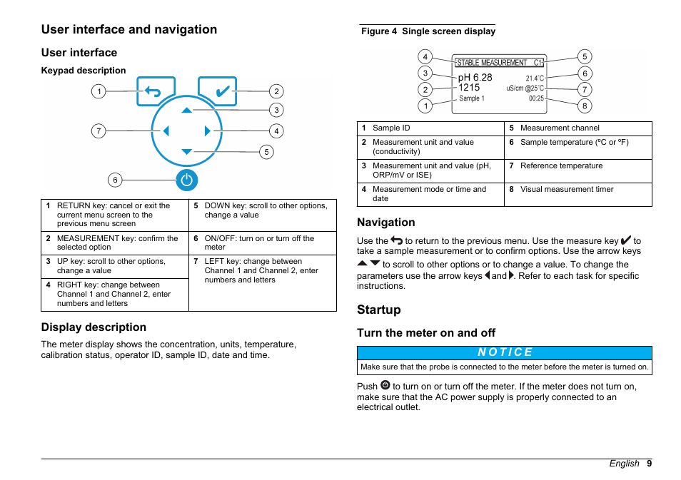 User interface and navigation, User interface, Display description | Navigation, Startup, Turn the meter on and off | Hach-Lange SENSION+ MM378 User Manual | Page 9 / 520