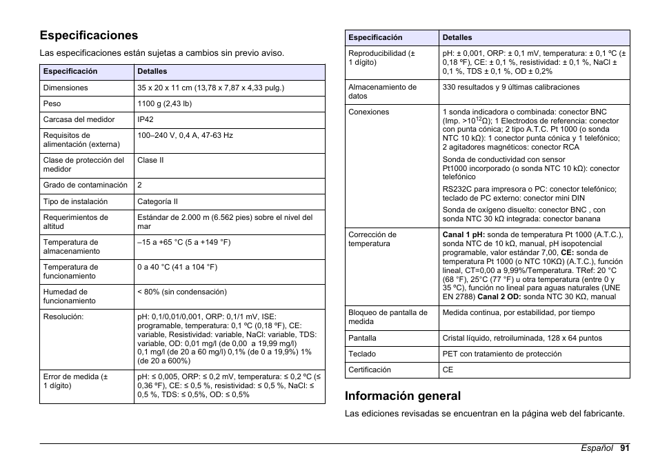 Manual del usuario, Especificaciones, Información general | Español | Hach-Lange SENSION+ MM378 User Manual | Page 91 / 520