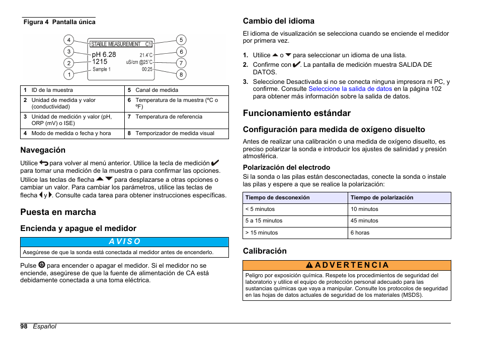 Navegación, Puesta en marcha, Encienda y apague el medidor | Cambio del idioma, Funcionamiento estándar, Configuración para medida de oxígeno disuelto, Polarización del electrodo, Calibración | Hach-Lange SENSION+ MM378 User Manual | Page 98 / 520