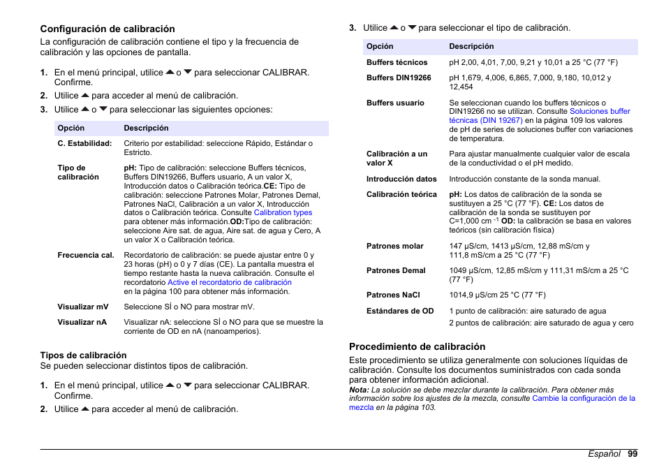 Configuración de calibración, Tipos de calibración, Procedimiento de calibración | Hach-Lange SENSION+ MM378 User Manual | Page 99 / 520