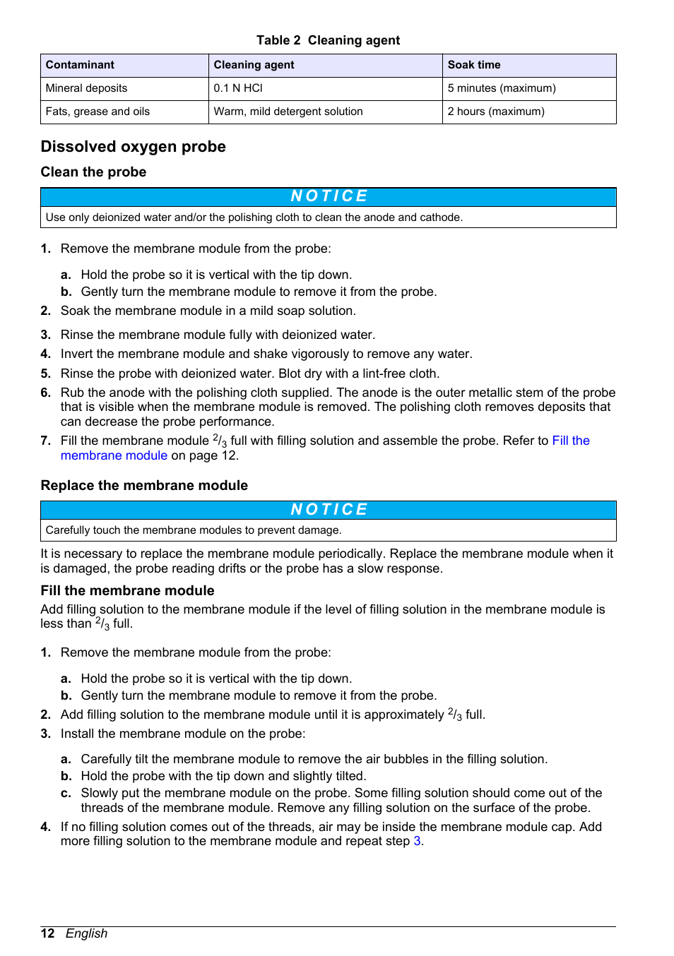 Dissolved oxygen probe, Clean the probe, Replace the membrane module | Fill the membrane module, Table 2 | Hach-Lange SENSION+ 50 49 User Manual User Manual | Page 14 / 20