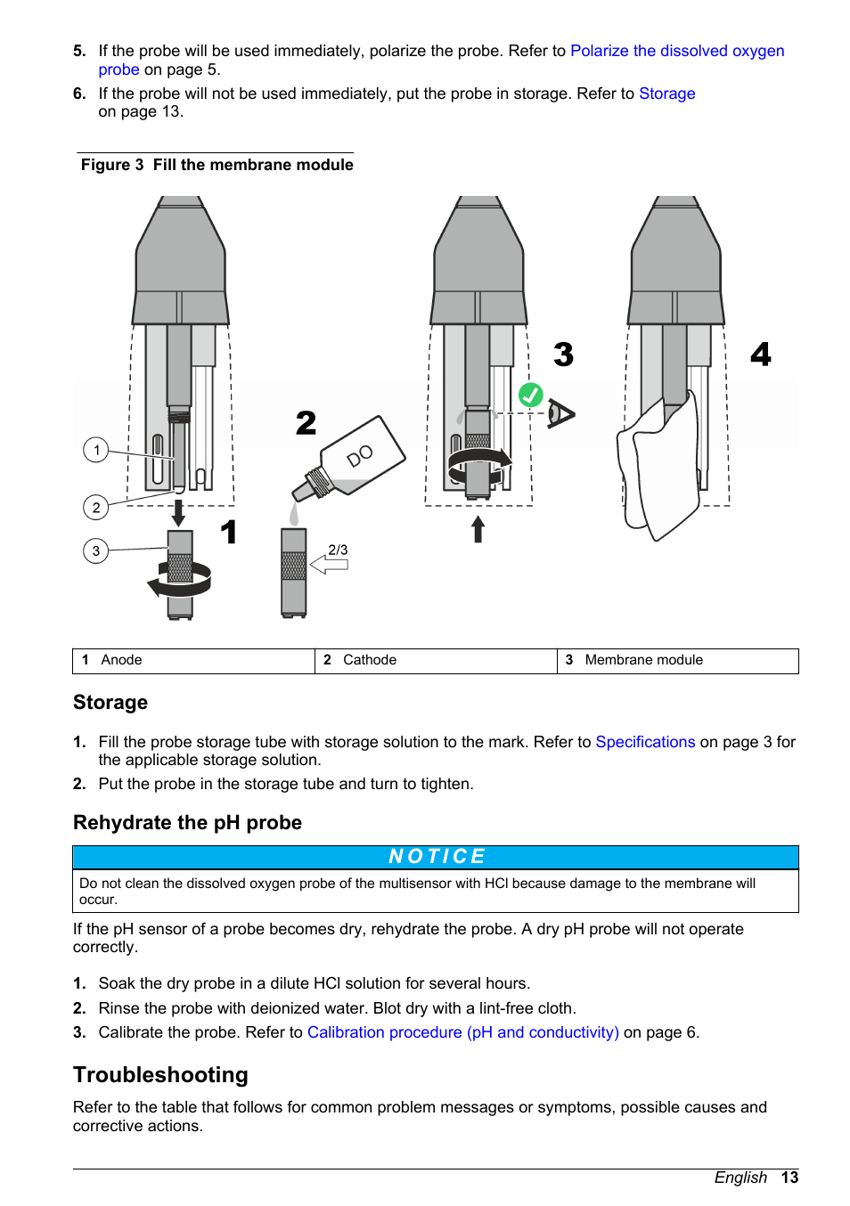Storage, Rehydrate the ph probe, Troubleshooting | Storage rehydrate the ph probe, If a measurement error occurs, refer to | Hach-Lange SENSION+ 50 49 User Manual User Manual | Page 15 / 20