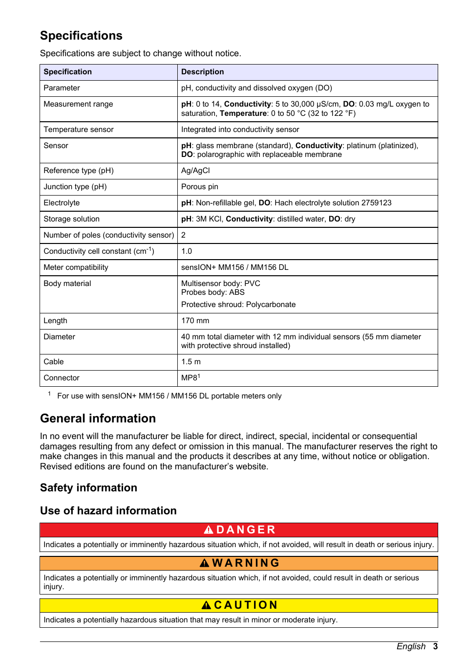 Specifications, General information, Safety information | Use of hazard information, Safety information use of hazard information | Hach-Lange SENSION+ 50 49 User Manual User Manual | Page 5 / 20