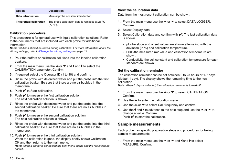 Calibration procedure, View the calibration data, Set the calibration reminder | Sample measurements | Hach-Lange SENSION+ MM340 User Manual | Page 10 / 418