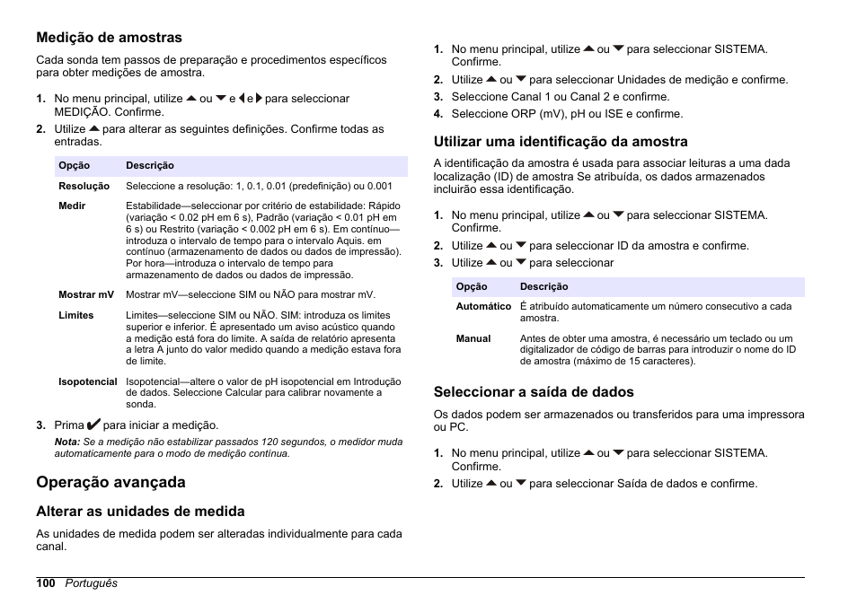 Medição de amostras, Operação avançada, Alterar as unidades de medida | Utilizar uma identificação da amostra, Seleccionar a saída de dados, Ou pc e confirme. consulte | Hach-Lange SENSION+ MM340 User Manual | Page 100 / 418
