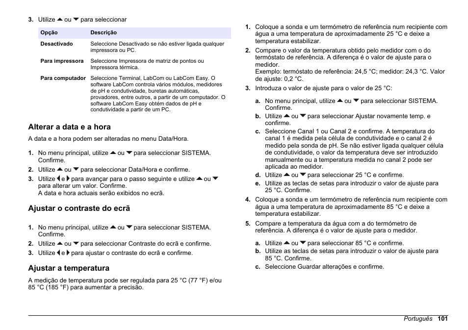 Alterar a data e a hora, Ajustar o contraste do ecrã, Ajustar a temperatura | Hach-Lange SENSION+ MM340 User Manual | Page 101 / 418