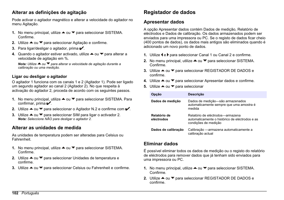 Alterar as definições de agitação, Ligar ou desligar o agitador, Alterar as unidades de medida | Registador de dados, Apresentar dados, Eliminar dados | Hach-Lange SENSION+ MM340 User Manual | Page 102 / 418
