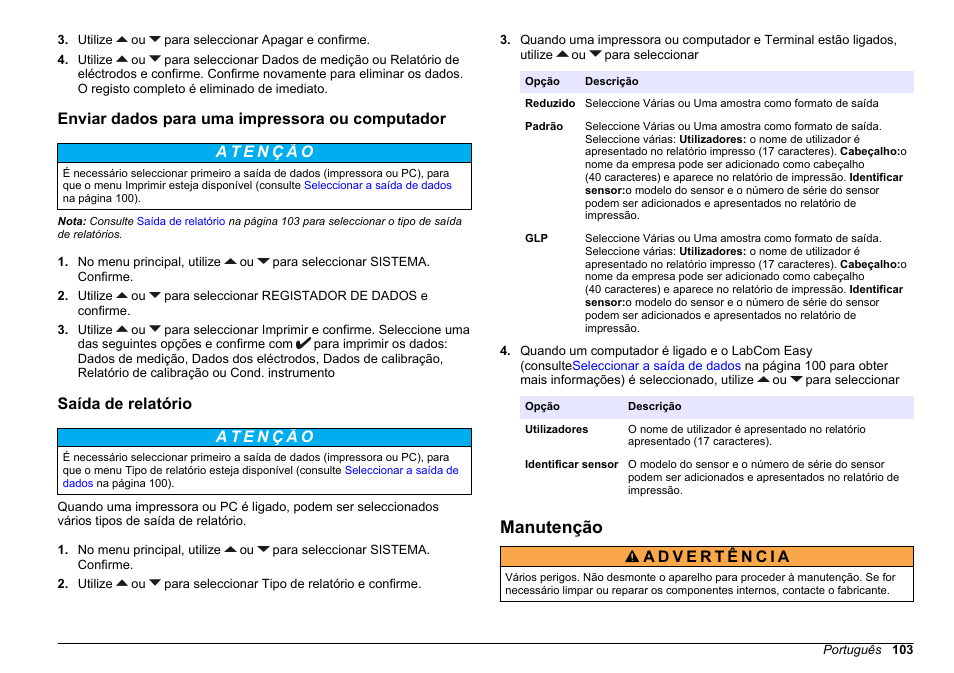 Enviar dados para uma impressora ou computador, Saída de relatório, Manutenção | Hach-Lange SENSION+ MM340 User Manual | Page 103 / 418