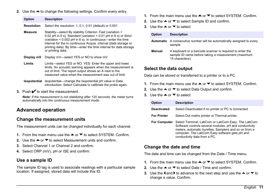 Advanced operation, Change the measurement units, Use a sample id | Select the data output, Change the date and time, Refer to | Hach-Lange SENSION+ MM340 User Manual | Page 11 / 418