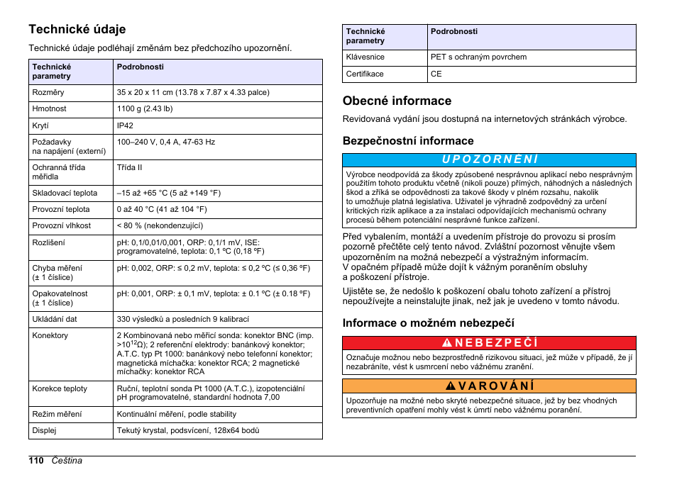 Uživatelská příručka, Technické údaje, Obecné informace | Bezpečnostní informace, Informace o možném nebezpečí, Čeština | Hach-Lange SENSION+ MM340 User Manual | Page 110 / 418