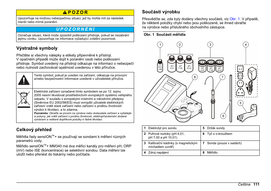 Výstražné symboly, Celkový přehled, Součásti výrobku | Hach-Lange SENSION+ MM340 User Manual | Page 111 / 418